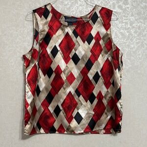 Willow Ridge Vintage Diamond Print Sleeveless Tank Top Red Black‎ Gold Satin XL